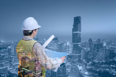 建筑師工作場所-建筑工具、 藍圖、 頭盔、 卷尺、 建設理念。工程工具